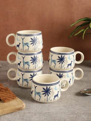 MIAH Decor HandCrafted Studio Pottery Ceramic Coffee Mugs Cum Serving Chai Tea Cups Set (Set of 6,)