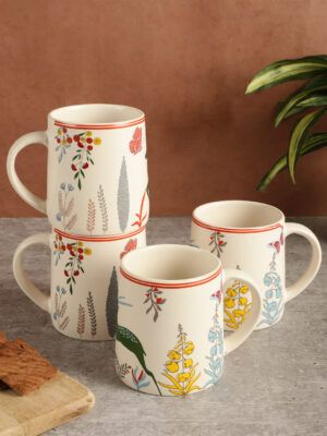 MIAH Decor The Gaia Collection 4 Pcs Beige Red Printed Ceramic Matte Mugs - 300 ML Each