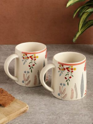 MIAH Decor White Red 2 Pieces Floral Printed Ceramic Matte Mugs-300ml Each