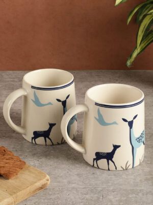 MIAH Decor Cream-Coloured Blue 2 Pieces Printed Ceramic Matte Mugs-350ml Each