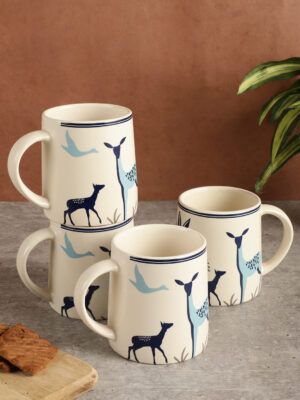 MIAH Decor Off White Blue 4 Pieces Printed Ceramic Matte Mugs - 350 ml
