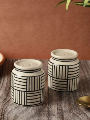 Premium Handcrafted Ceramic Salt & Pepper Shaker Set – Line Design – Microwave & Dishwasher Safe – MIAH Decor Kitchen Accessories