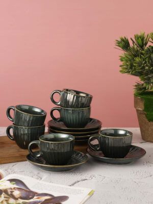 Miah Décor Pine Green Hand Glazed Studio Pottery Ceramic Tea Cups & Saucers Set (Set of 6)- Cup Set for Tea of 6 Tea Set Tea Coffee Cups Mugs Set