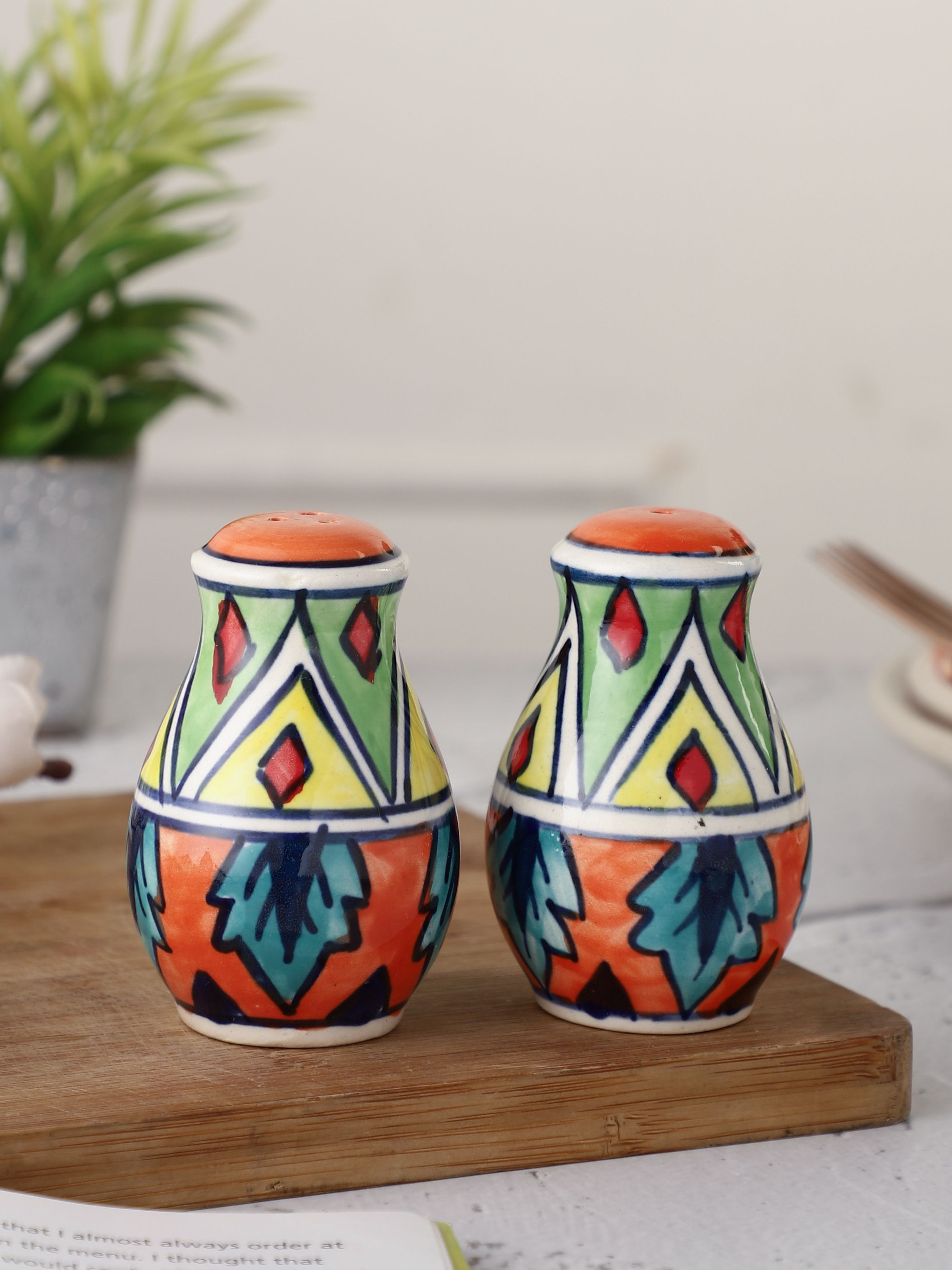 Multicolor Ceramic Salt and Pepper Shaker Set – Handcrafted, Set of 2 – Indian Handmade Kitchen Tableware – MIAH Decor