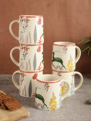 MIAH Decor Cream-Coloured Red 6 Pieces Printed Ceramic Matte Mugs-300ml