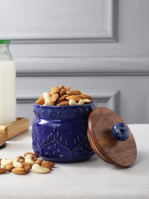 Indigo Ceramic Jar – 460ml – Airtight Wooden Lid