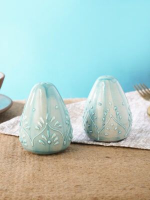 Ceramic Salt and Pepper Shakers Set of 2 (100ml) – Embossed Teal Design – Handmade – MIAH Decor