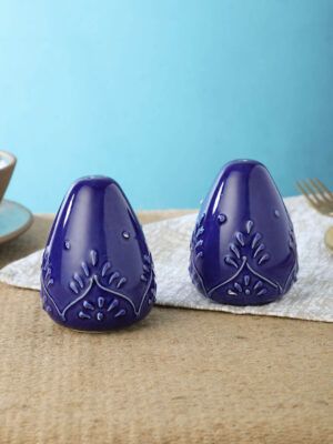 Ceramic Salt and Pepper Shakers Set of 2 (100ml) – Indigo Blue Embossed Pattern – Handcrafted by MIAH Decor