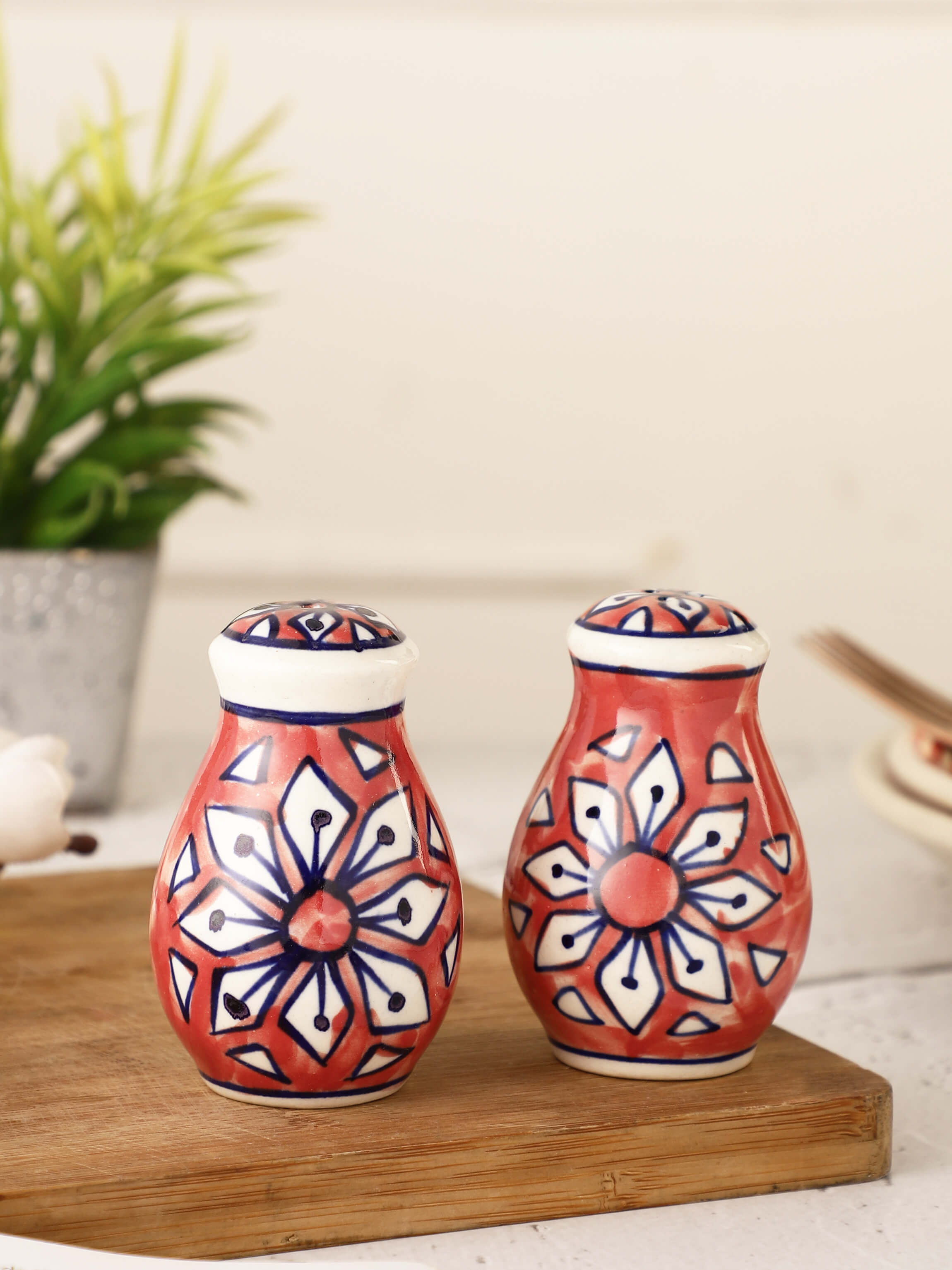 Handcrafted Red Ceramic Salt and Pepper Shakers – Set of 2 – Dishwasher Safe, Hand Painted – MIAH Decor – Made in India
