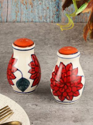 Set of 2 White & Red Ceramic Salt and Pepper Shakers – Handcrafted Kitchen Essentials – MIAH Decor – Made in India